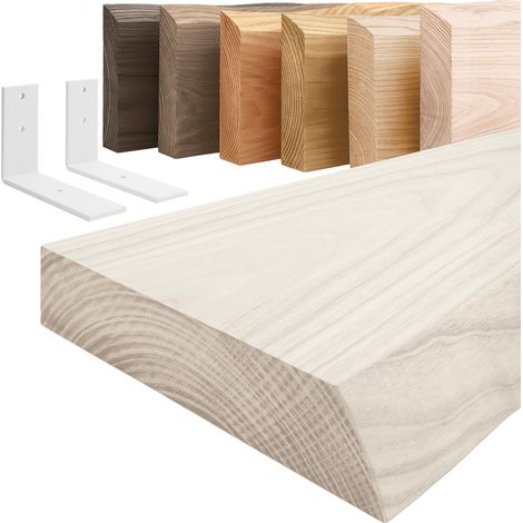 LAMO Manufaktur Étagère murale avec supports en L blancs Étagère 100 cm largeur pour salon, cuisine, bureau style industriel Couleur: blanc, Bord: naturel Qualité artisanale, bois massif