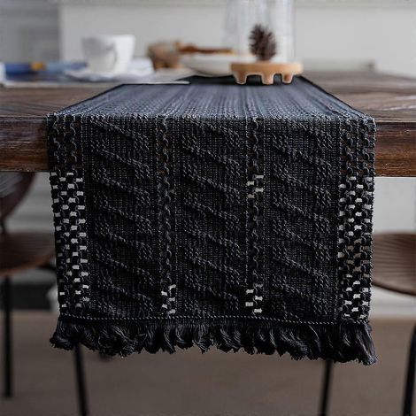 Chemin de table 33 x 180 cm en coton et lin tissé avec pompons, style bohème champêtre, noir (1/2)