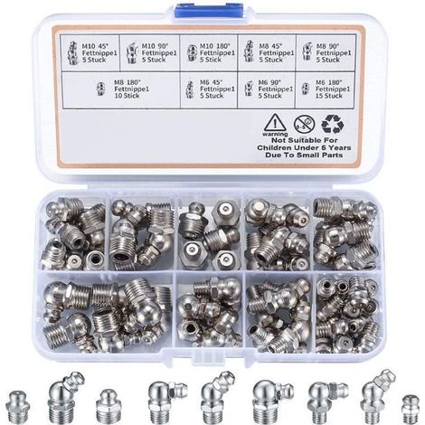 60 Pièces graisseur a Visser, Assortiment Graisseur M6 M8 M10, Droit Graisse Raccord 45° 90° 180°, avec Boîte en Plastique, pour Équipement Mécanique, Embout de Graissage Fixations (1/4)