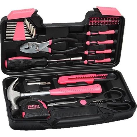 Coffret à outils rose 39 pièces pour la maison - Boîte à outils portable pour électricien, réparation et montage (1/5)