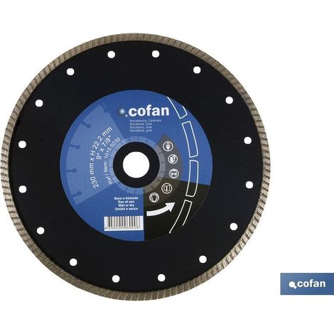 COFAN disco diamante turbo extrafino 115mm. , Discos de diamante turbo extrafino Porcelánico profesional. Uso en materiales cerámicos muy duros. Excelente corte en seco o húmedo. (1/2)