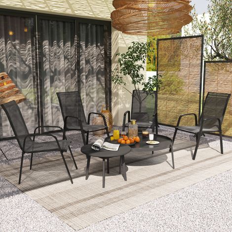 Set 4 Sedie da Giardino Impilabili e Salvaspazio con Braccioli in Metallo e Tessuto a Rete, Nero