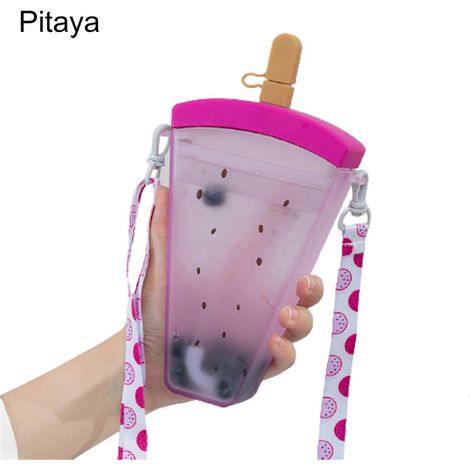 Gourde orange grande capacité de 320 ml avec bracelet de suspension, motif pastèque, paille intégrée, idéale pour l'été (1/5)