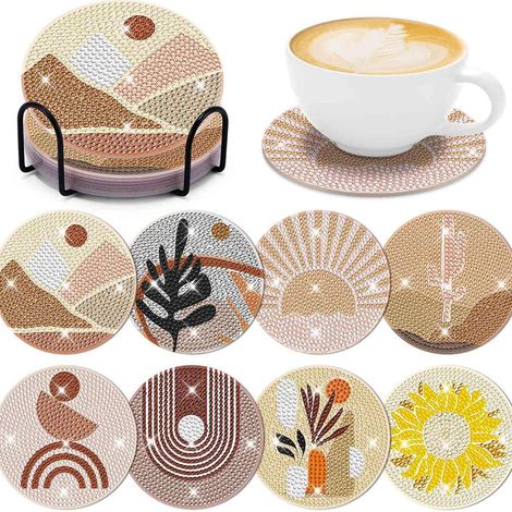Lot de 8 sous-verres à motif paysage abstrait avec support - Kits de peinture diamant pour débutants et adultes...