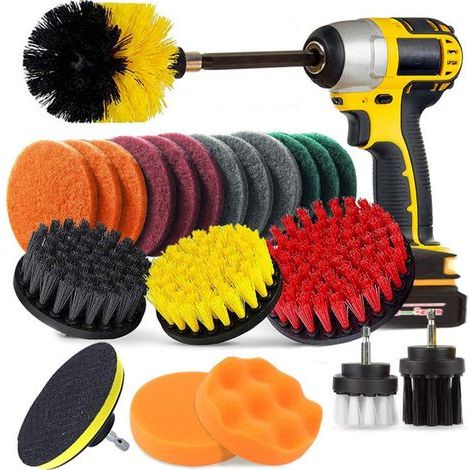 Juego de 22 cepillos de limpieza para taladro, kit de accesorios de cepillo para taladro eléctrico para limpiar cocina, baño, azulejos, lechada, alfombrillas, coche, fregar, parrilla, turbo (1/4)