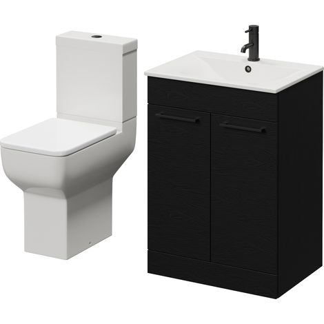 Napoli 460 Nero Oak 600mm 2 Door Vanity Unit and Tacoma Comfort Height Toilet Suite with Angel Basin - 600mm - Matt Black 160mm Handle