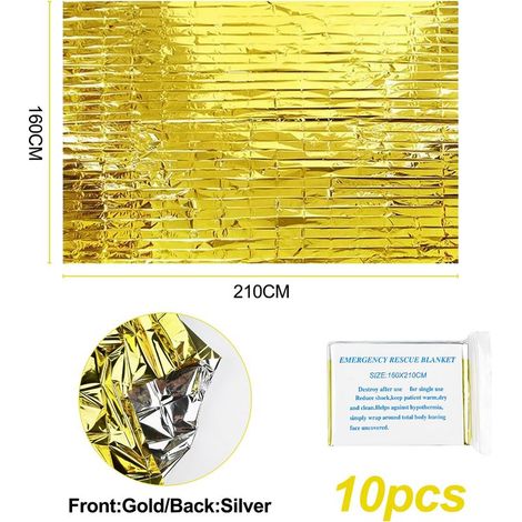 10-teiliges, wiederverwendbares Überlebensdecken-Set, reißfest und wasserdicht, Notfall-Thermodecken für Outdoor-Aktivitäten, Wandern, Survival, Marathonläufe, Erste Hilfe, Gold/Silber, 160 x 210 cm (1/5)