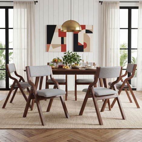 Chaises de salle à manger pliantes en bois massif (lot de 4)  confortables et respirantes  pliables pour un rangement facile  adaptées aux salles à manger, salons et cafés  style moderne, lin gris. (1/5)