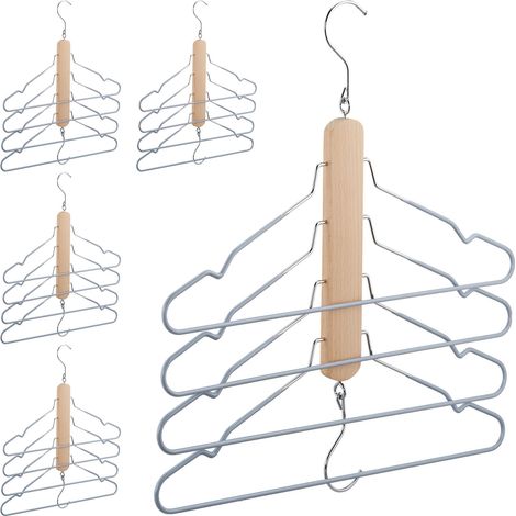 5x Gruccia Multipla, Salvaspazio, 4 Stampelle con Asta Ognuna, Appendini Antiscivolo in Legno e Metallo, Naturale/Grigio (1/5)