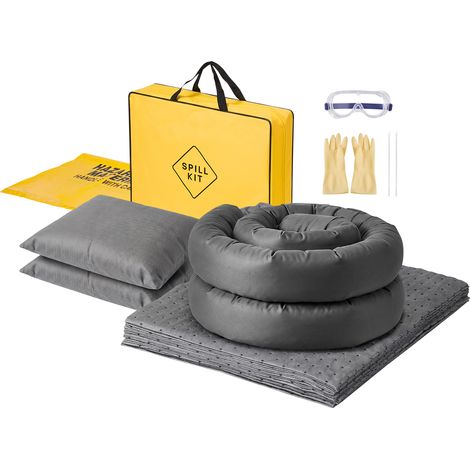 VEVOR Kit Absorbant Huile et Eau, 20 Feuilles Absorbantes Universelles, 2 Boudins, 2 Coussins, 2 Sacs pour Matieres Dangereuses, 1 Sac de Transport, pour Garage, Atelier et Nettoyage des Deversements (1/5)