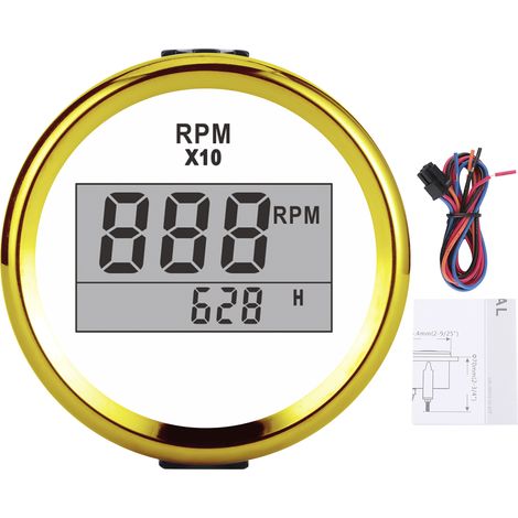 Drehzahlmesser 0–9990 U/min, IP67 wasserdicht, rote Hintergrundbeleuchtung, 52-mm-LCD-Bildschirm, 9–32 V, weißes Zifferblatt, goldene Abdeckung (1/5)