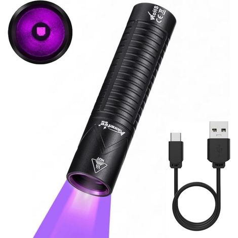Lampe Torche UV LED 365nm Petit USB C Rechargeable Mini Lampe Ultraviolet Lumiere Noire Détecteur D'urine pour Fluoresceine, Scorpion, Minéraux, Ambre avec Batterie Intégrée (1/5)