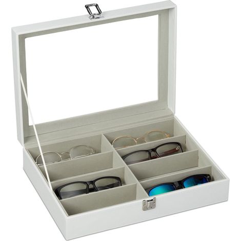 Relaxdays Glasses Box for 8 Pieces, Sunglasses Storage. 8.5x33.5x24.5 cm, Faux Leather, White
