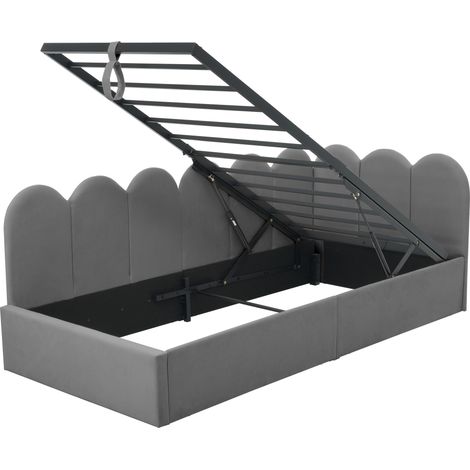 Cama banqueta 90 x 190 cm de terciopelo gris con almacenamiento hidráulico y somier metálico (1/5)