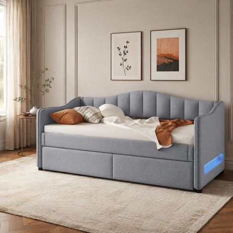 Letto con Letto estraibili 90x200 cm, con illuminazione LED controllabile tramite app, in lino, grigio, senza materasso (1/5)