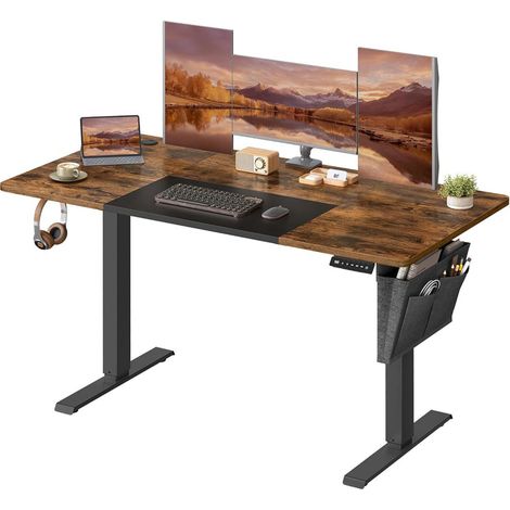 Bureau assis debout électrique table réglable en hauteur mémoire 4 hauteurs pochette cadre en acier dessus de table épais 140 x 60 x (72-120) cm marron rustique et noir