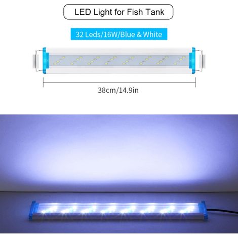 Lámpara LED para acuario de 38 cm, soportes extensibles de 13 cm, LED blancos y azules para acuarios plantados de agua dulce. (1/5)