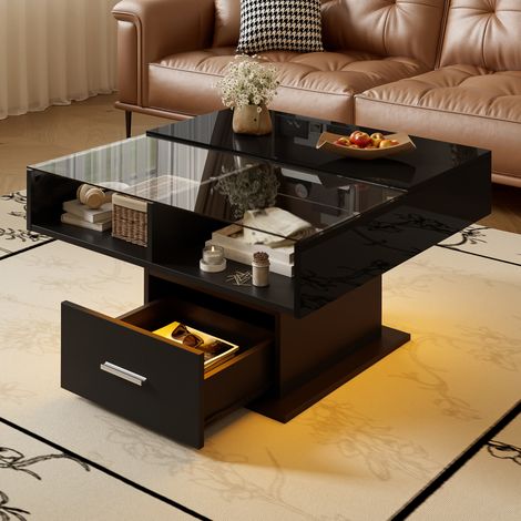 Table basse lift brillante multifonctionnelle avec éclairage LED, hauteur réglable et rangement flexible - design moderne pour salon, bureau et petits espaces (1/5)