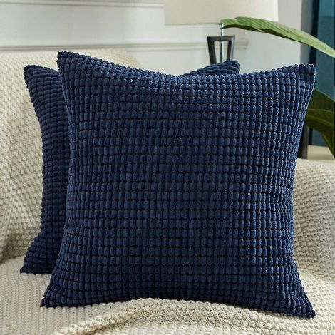 Housses de coussin décoratives - Lot de 2 housses de coussin 40x40 cm, housses de coussin décoratives style européen à rayures maïs, housse de coussin en velours côtelé doux (bleu foncé, 40x40 cm) (1/4)