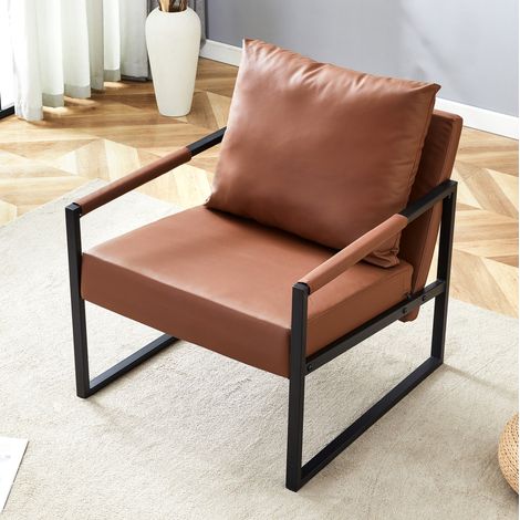 Brauner PU-Lesesessel mit schwarzem Metallrahmen 75,4 x 68,5 x 69 cm OKMYHOME (1/5)
