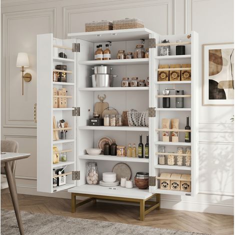 Meuble de rangement haut 60 x 40 x 130 cm avec 2 étagères réglables blanc et doré HAVRYA (1/5)