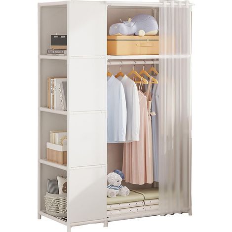 Portable canvas wardrobe with hanging rail and shelves, fabric closet organizer for bedroom, white, 88 x 44 x 162 cm. (1/5)