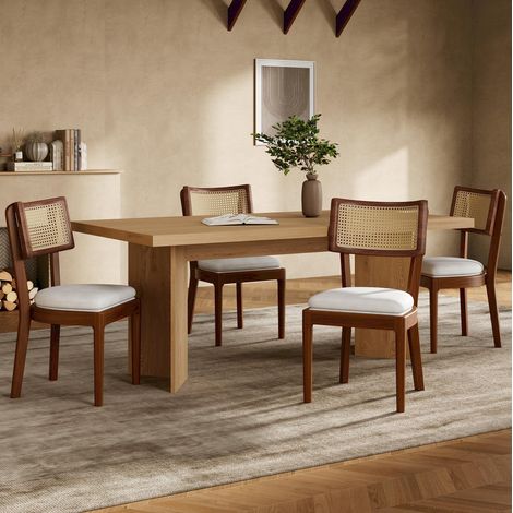 Sillas de comedor de madera, respaldo de ratán, lote de 4, color nogal OKMYHOME (1/5)