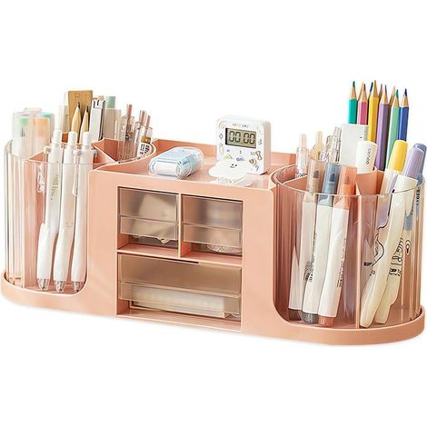 Drehbarer, doppelter Schreibtisch-Aufbewahrungskasten mit 3 Schubladen, Stifthalter und großem Kosmetik-Displayfach.