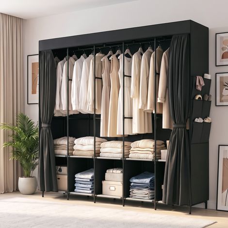 Armoire en tissu avec 5 tringles, 5 étagères, 6 poches latérales, fermeture éclair, structure en acier, 212 x 45 x 167 cm, grise (1/5)