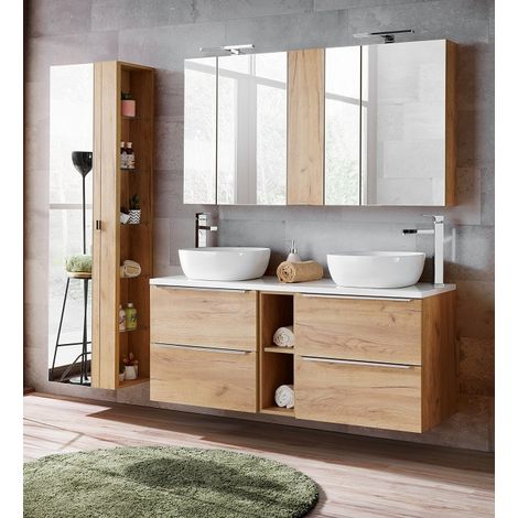Ensemble 10 pièces dont vasques à poser + Armoire miroir + Grande armoire - 140 cm - Elise Oak - Livraison gratuite