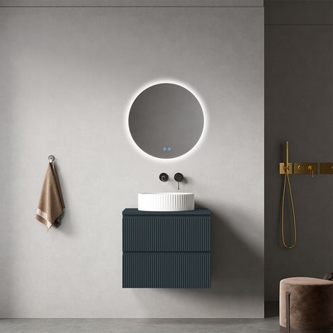 Mobile bagno sospeso cannettato 60 cm Blu Mare per Lavabo d'appoggio Specchio Tondo Retroilluminato - Fiji Paint Top Canneté
