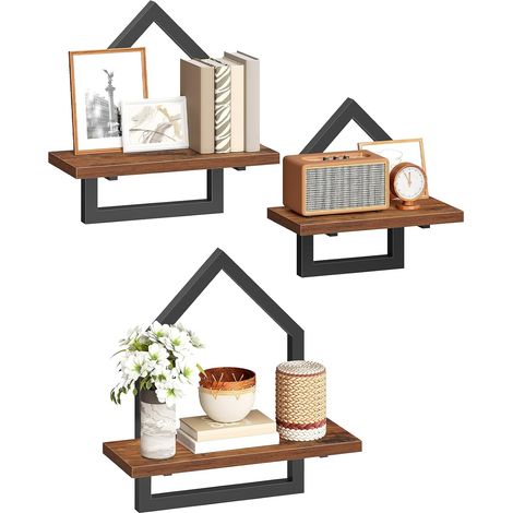 3 Étagères Murales (Grande, Moyenne, Petite), Industriel, Cadre Métallique Pentagonal, Montage DIY, pour Salon, Chambre, Salle de Bain, Cuisine, Bureau, Marron Rustique et Noir EBF12BJP301 (1/5)