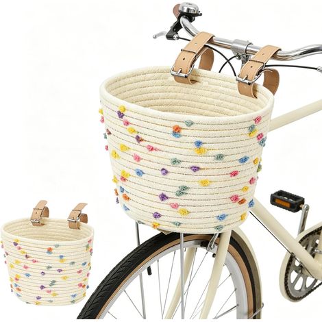 Unisex-Fahrradkorb für Kinder, geflochtener Sisalseilkorb für Kinder, leicht und dekorativ mit verstellbaren PU-Gurten, Aufbewahrung für Roller, niedliches Deko-Accessoire, geeignet für Laufräder (1/5)