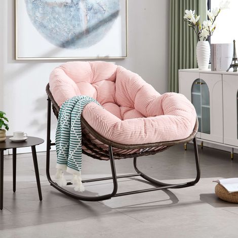 Fauteuil à bascule d’extérieur en rotin – Modèle rembourré avec dossier, adapté pour entrée, salon, terrasse et jardin – 106 × 90 × 78 cm – Rose (1/5)