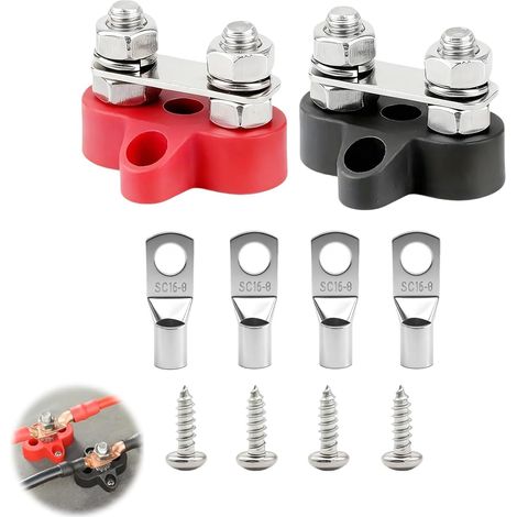 2 Pièces Bornier de Distribution d’Alimentation de Batterie M8 à Double Borne 12V-48V pour Voiture, Camion, Bateau, Bornier Électrique Noir et Rouge avec Câblage Efficace et Durable (Double M8) (1/5)