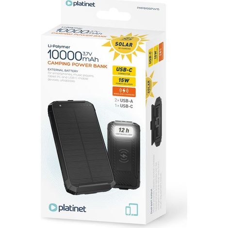 POWERBANK PLATINET CAMPING 10000mAh CARGADOR SOLAR INALAMBRICO 15W LINTERNA 2xUSB-A 1xUSB-C