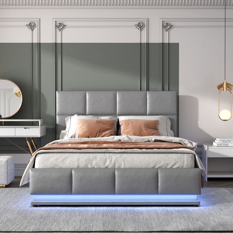 Letto contenitore matrimoniale imbottito per adulti 140 x 200 cm con LED e rete a doghe. similpelle. grigio, senza materasso (1/5)
