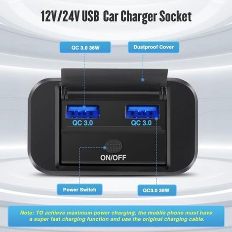 12V Kfz-USB-Ladegerät, 36W Dual QC3.0 USB mit wasserdichtem Schalter für 12V/24V Autos und Boote (1/5)