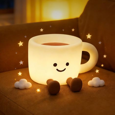 Lámpara de noche con forma de taza de café de silicona, con 7 modos de luz, control táctil, 3 niveles de brillo, carga USB y función de temporizador. Ideal como lámpara de mesilla, decoración de dormi