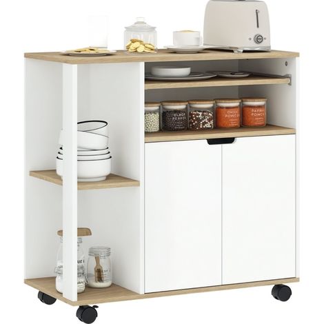 Carro de cocina con almacenamiento, armario y estantes ajustables, blanco y madera natural (1/5)