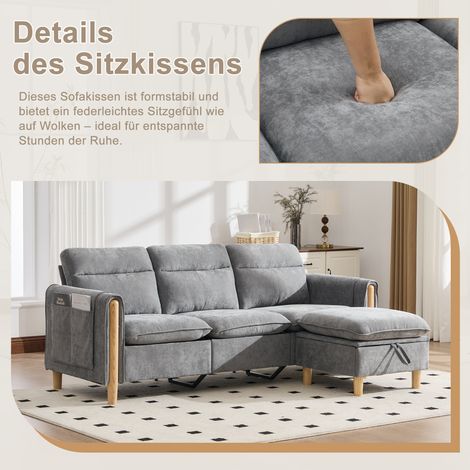 Ensemble canapé trois places de style nordique avec pouf de rangement, canapé d'angle en tissu avec poches latérales et pieds de table en bois, idéal pour les salons et les petits espaces (chenille gr (1/5)