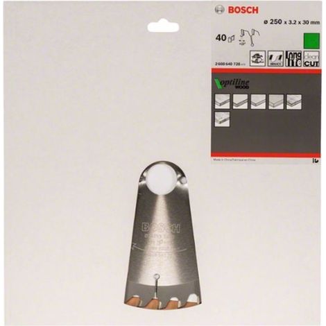 BOSCH DISCO SIERRA OPTILINE MADERA130 X 2.4 X 20/16D: 20WZ Diámetro disco x eje (mm) 250x30 Número de dientes 40