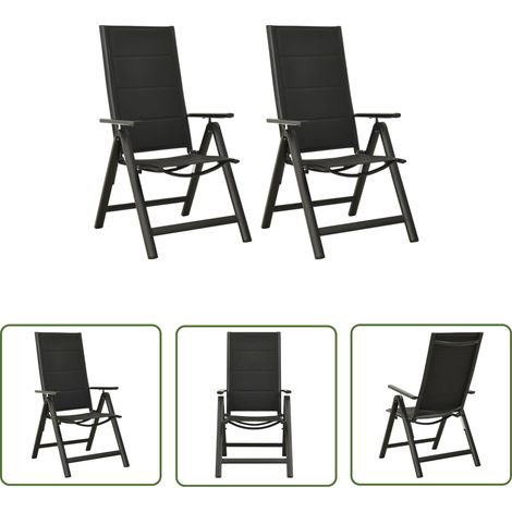 INLIFE Chaises pliables de jardin 2 pcs Textilène et aluminium Noir (1/5)