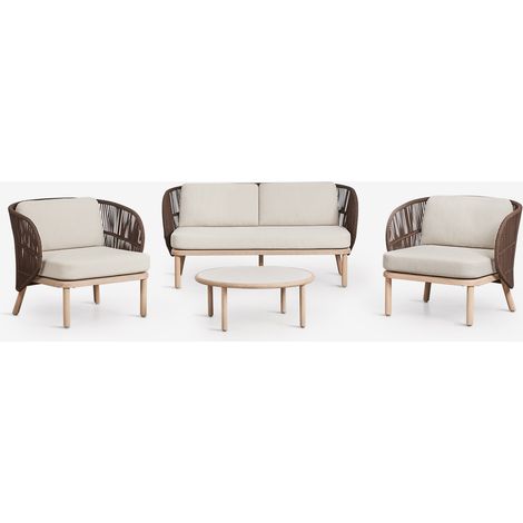 SKLUM Gartenset mit 2-Sitzer-Sofa, 2 Sesseln aus geflochtener Capri-Seil und Couchtisch aus Akazienholz Olivia Braun Choco                                  
