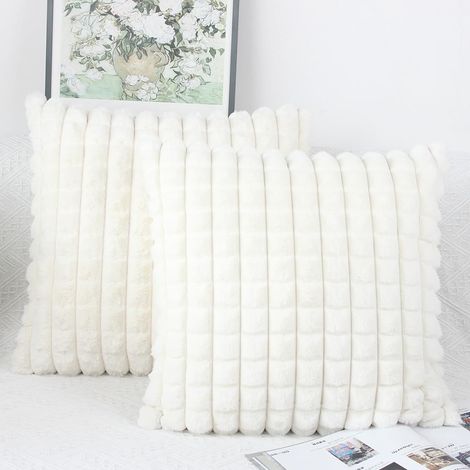 Housse de coussin carrée en fausse fourrure de lapin - Motif à carreaux lapin - Blanc crème - 45 x 45 cm (taie d'oreiller) (1/5)