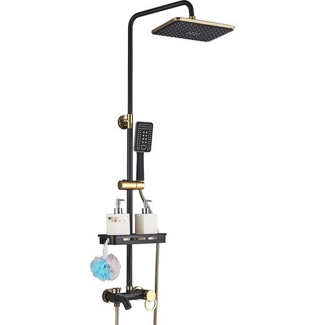 Ensemble de douche noir et doré - Système de douche à effet pluie avec pommeau de douche 3 fonctions - Barre de douche réglable - Colonne de douche