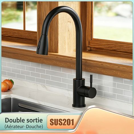 Mitigeur Cuisine Extractible 3 Modes - Laiton 59A, Rotation 360°, Douchette Rétractable - Noir Mat