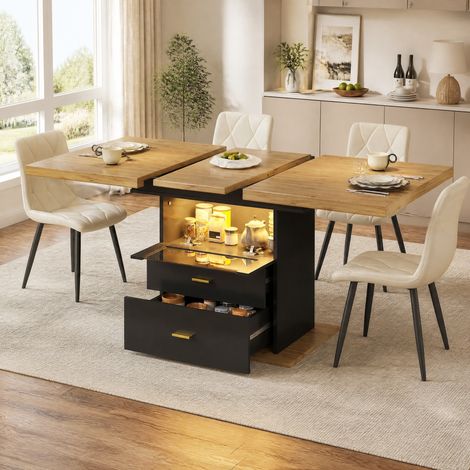 Tavolo da pranzo allungabile 110/140 x 80 x 75 cm in MDF e metallo con LED, legno/nero, OKWISH (1/5)