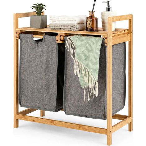 Trier Facilement le Linge Meuble Panier à Linge en Bambou 2 Sacs Amovibles pour Buanderie et Salle de Bain (1/5)