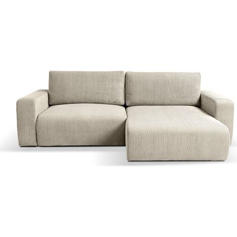 Tendencio – Canapé d’angle convertible 2 places – Velours côtelé beige – Couchage 125 × 215 cm – Angle réversible – Coffre de rangement spacieux (1/2)